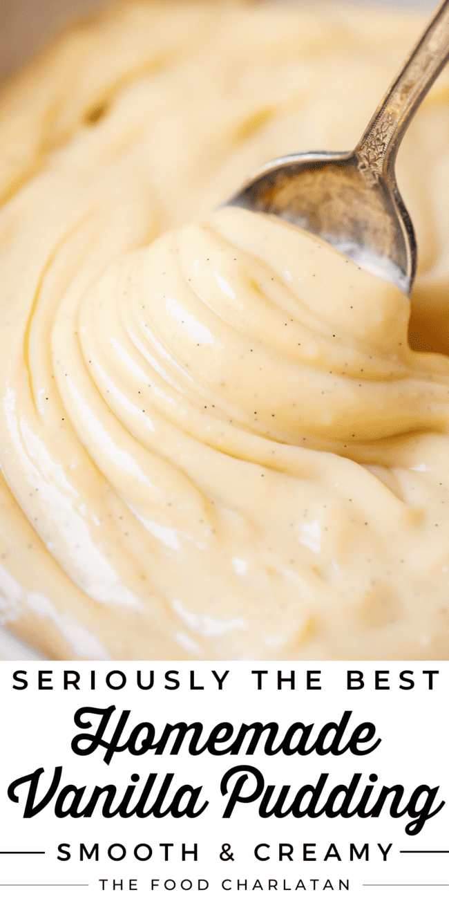 close up of creamy vanilla pudding from scratch being swirled but a spoon.