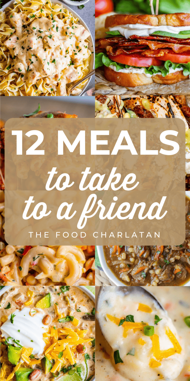 collage of photos with pictures of main dishes with text overlay that says, "12 Meal to Take to a friend".