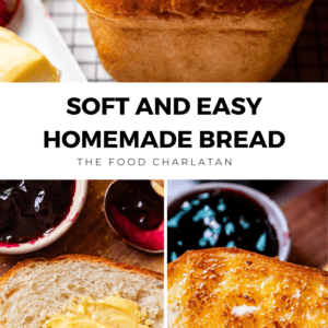 A golden-brown loaf of homemade bread sits on a cooling rack. Below, close-up shots show a slice being spread with butter and a toasted piece, with jam and butter nearby. Text reads: Soft and Easy Homemade Bread—perfect for your next bread recipe.