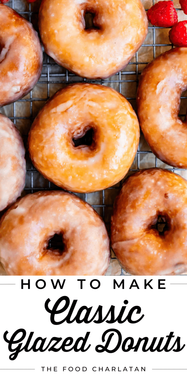 several glazed donuts on a cooling rack and text that says "how to make classic glazed donuts".