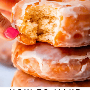 hand picking up a donut with a bite in it and text that says "how to make homemade donuts".