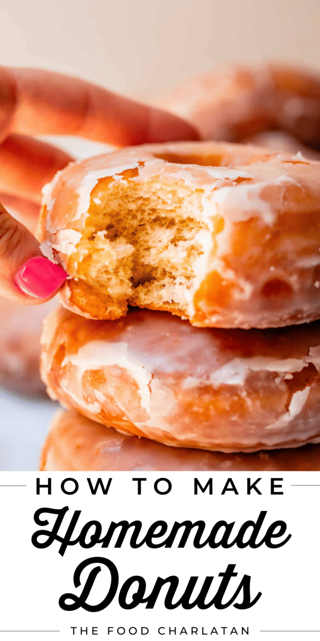 hand picking up a donut with a bite in it and text that says "how to make homemade donuts".