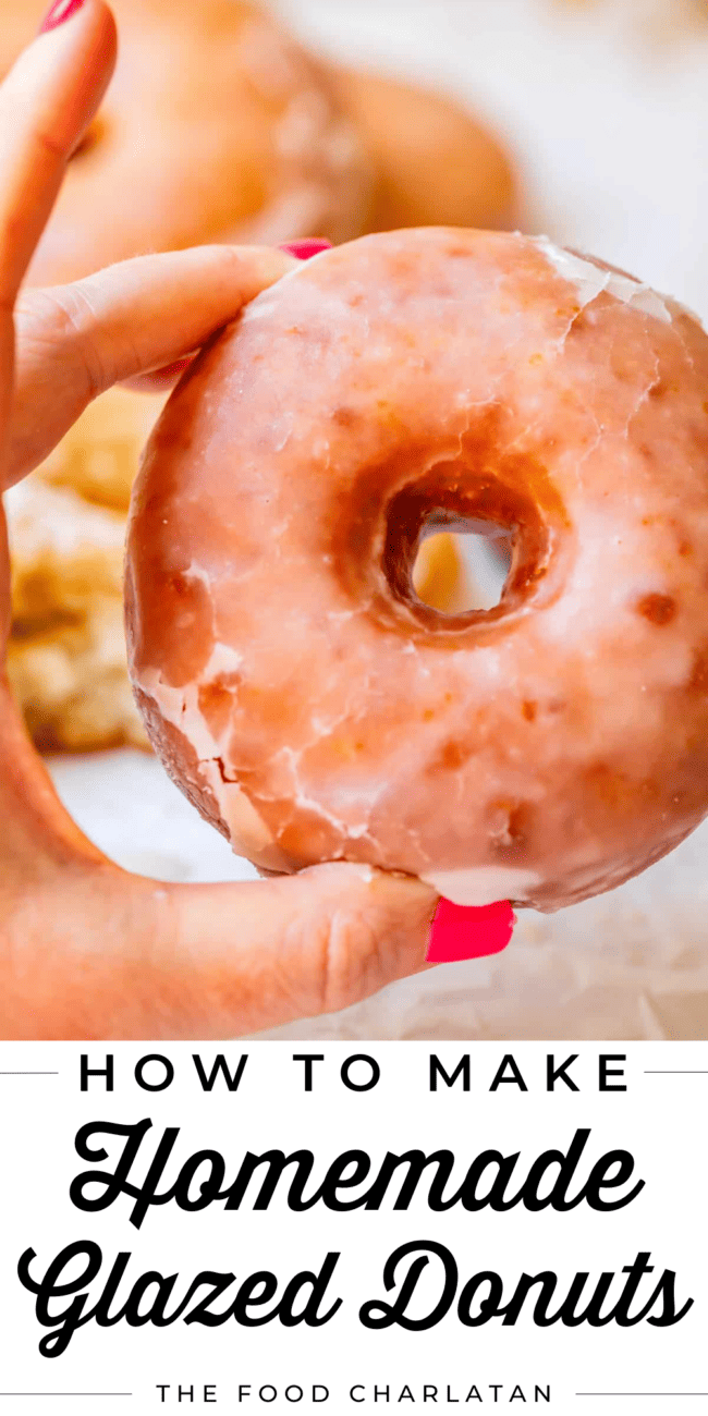 hand holding a homemade glazed donut with text "how to make homemade glazed donuts".