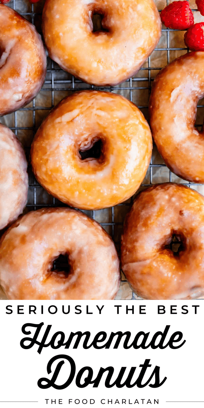 glazed donuts on a cooling sheet with text "seriously the best homemade donuts".