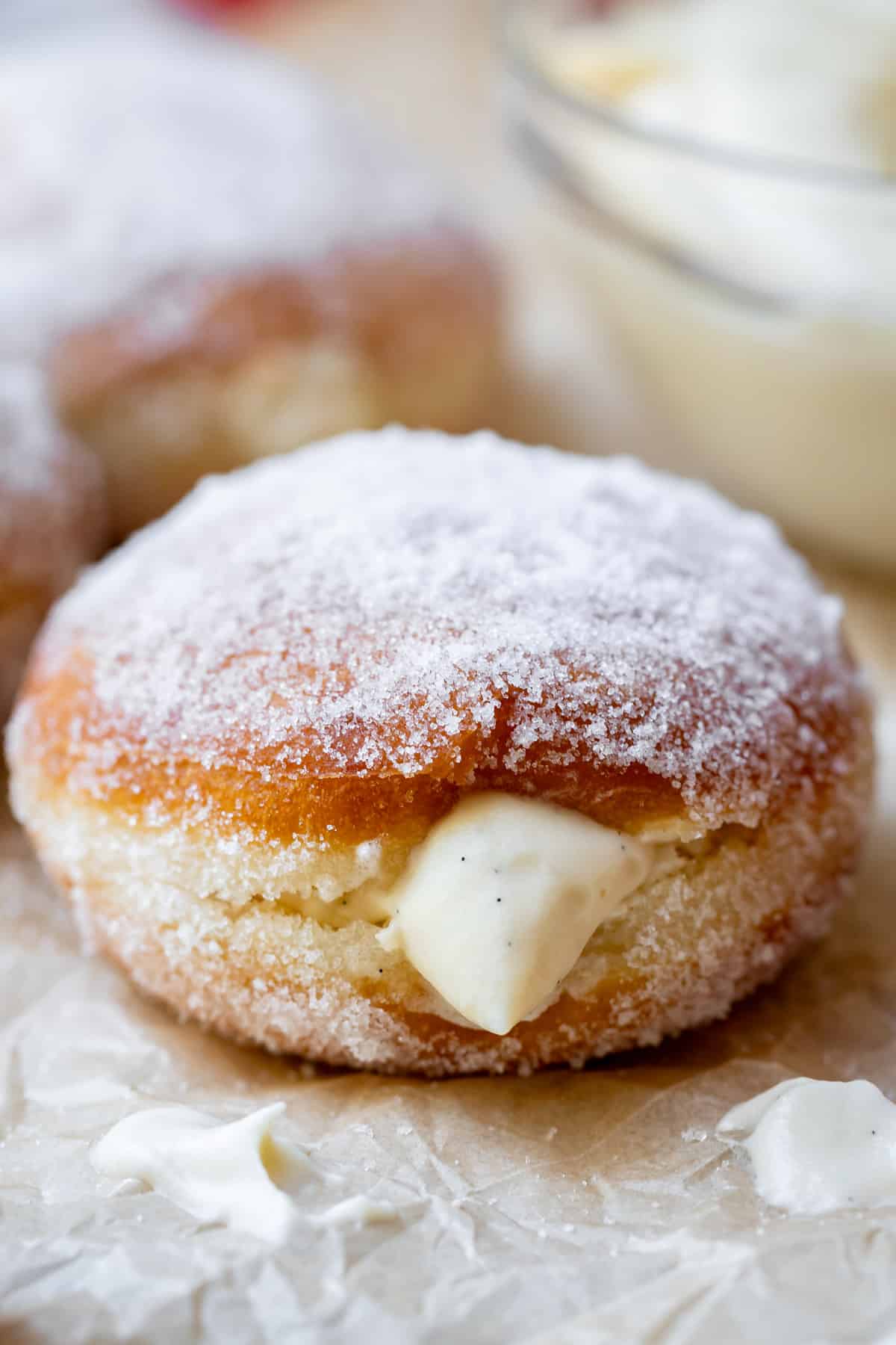 close up of a single, sugar rolled homemade Bavarian cream donut with the cream oozing out.