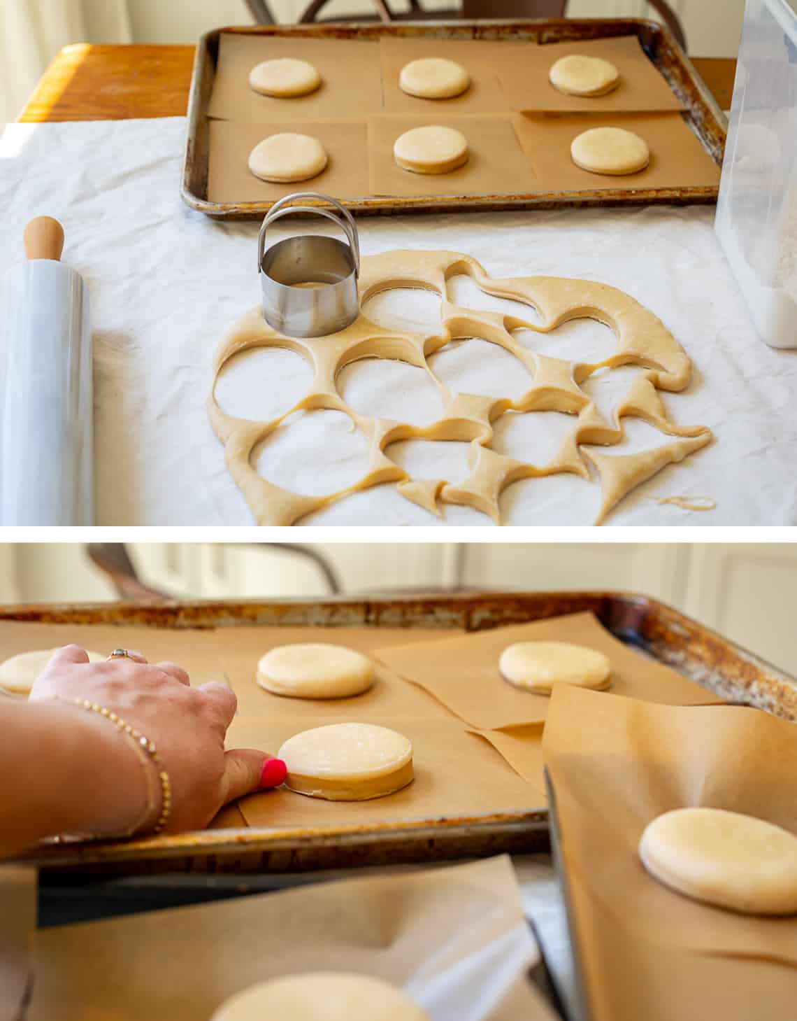 top biscuit cutter cutting donut rounds, bottom donut rounds on parchment paper on a baking sheet.