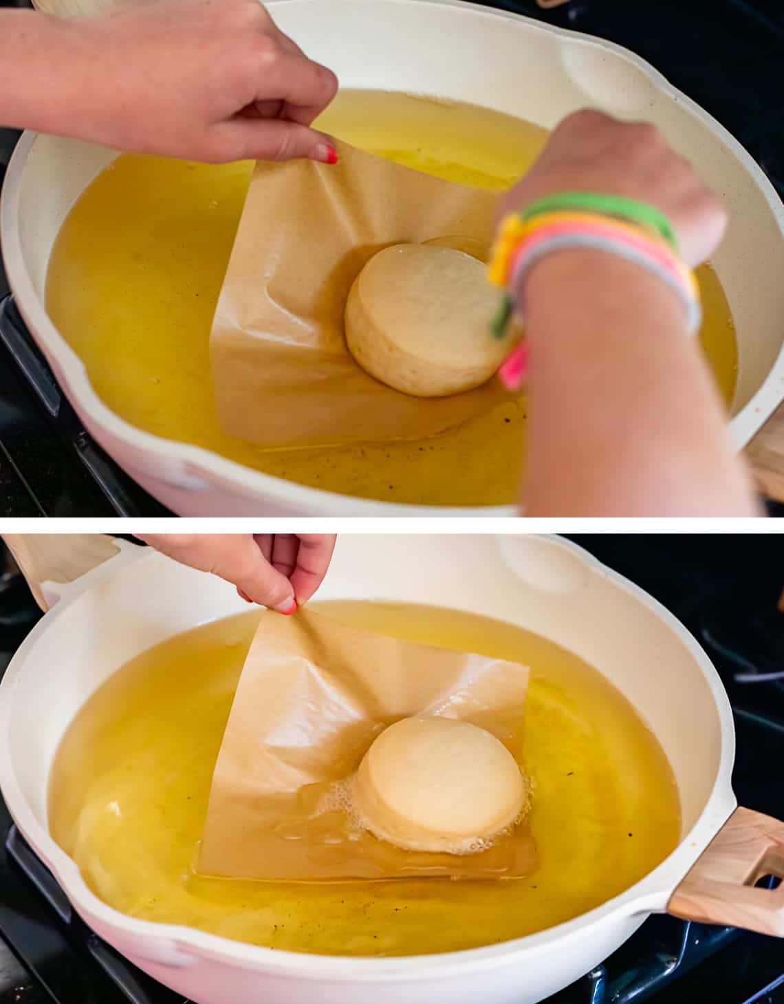 top slowly lowering parchment paper with donut on it into oil, bottom pulling the paper out.