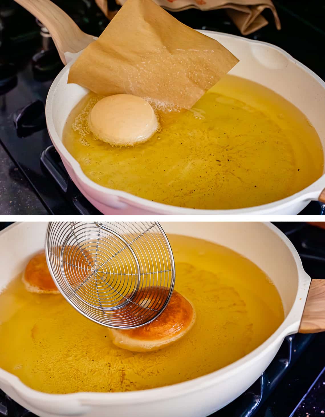 top pulling paper out from under the donut in the oil, bottom flipping the donut in the oil.