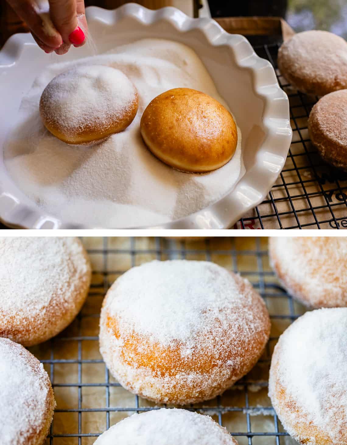 top fried donuts being coated with sugar, bottom a fully and generously coated donut.