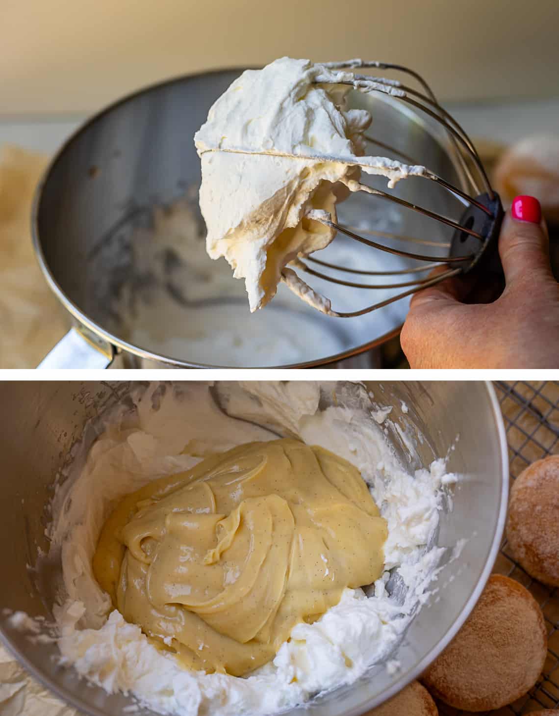 top mixer with stiff whipped cream after beating, bottom pastry cream poured into the mixer.