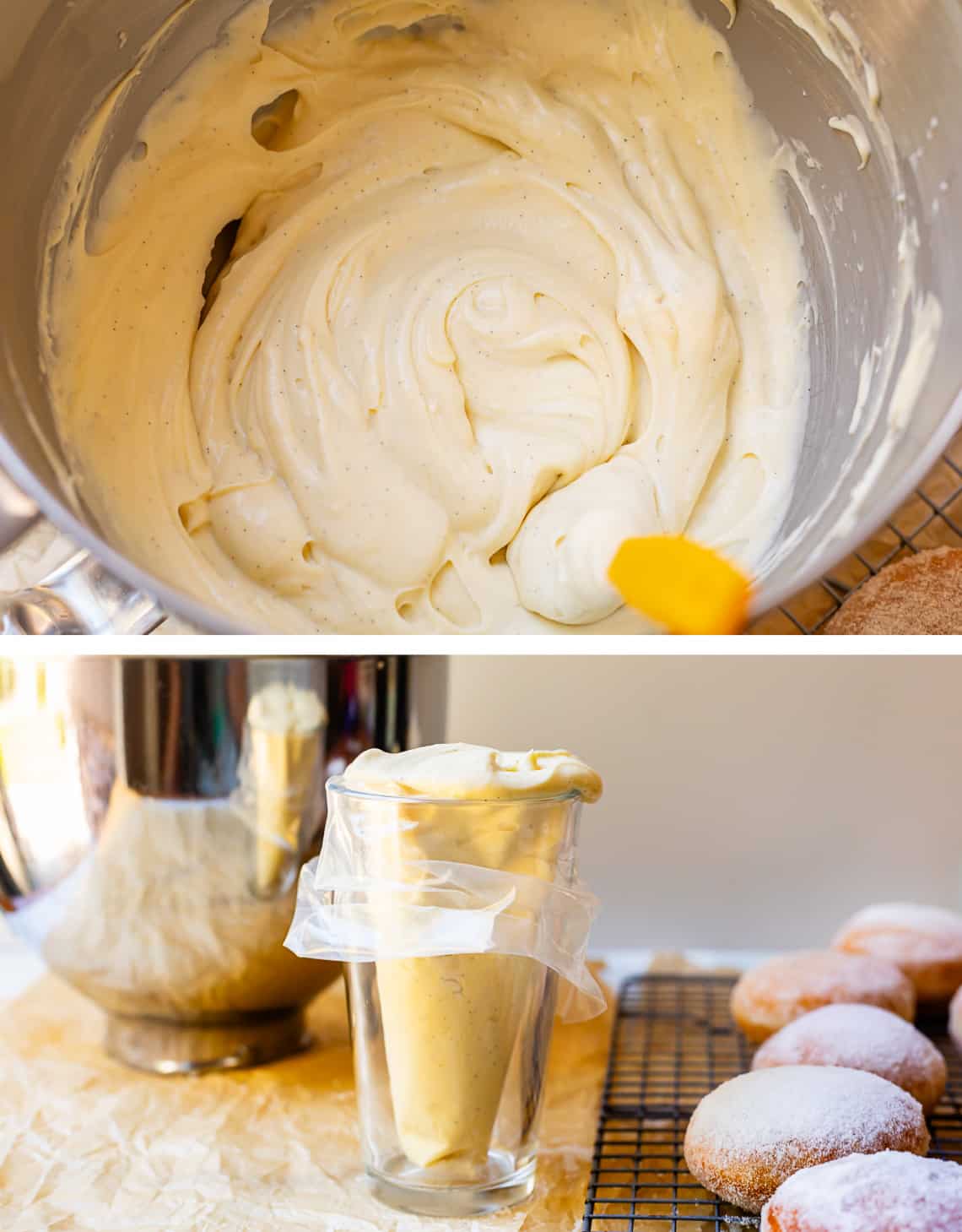 top folded pastry cream and whipped cream in a mixing bowl bottom loaded in a piping bag in a cup.