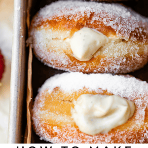Bavarian cream donuts in a metal baking dish with text "How to make Bavarian cream-filled donuts".
