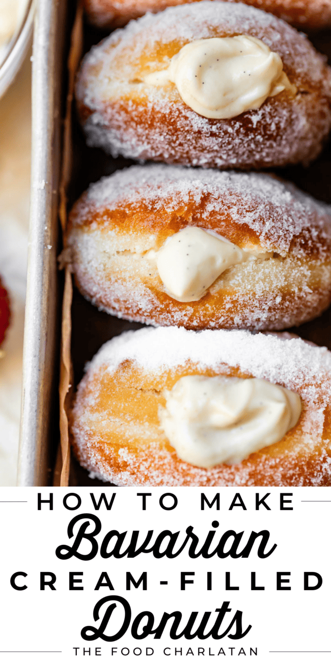 Bavarian cream donuts in a metal baking dish with text "How to make Bavarian cream-filled donuts".