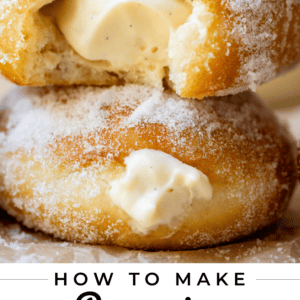 two stacked donuts with a bite taken with text "how to make Bavarian cream donuts".