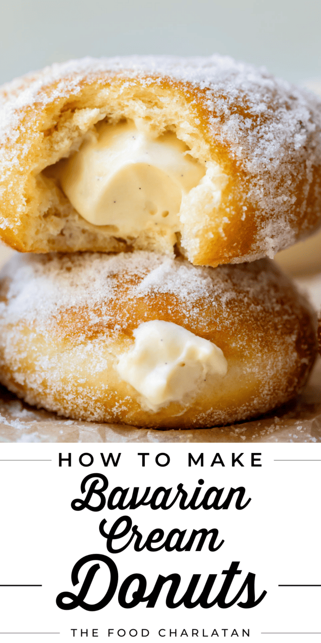 two stacked donuts with a bite taken with text "how to make Bavarian cream donuts".