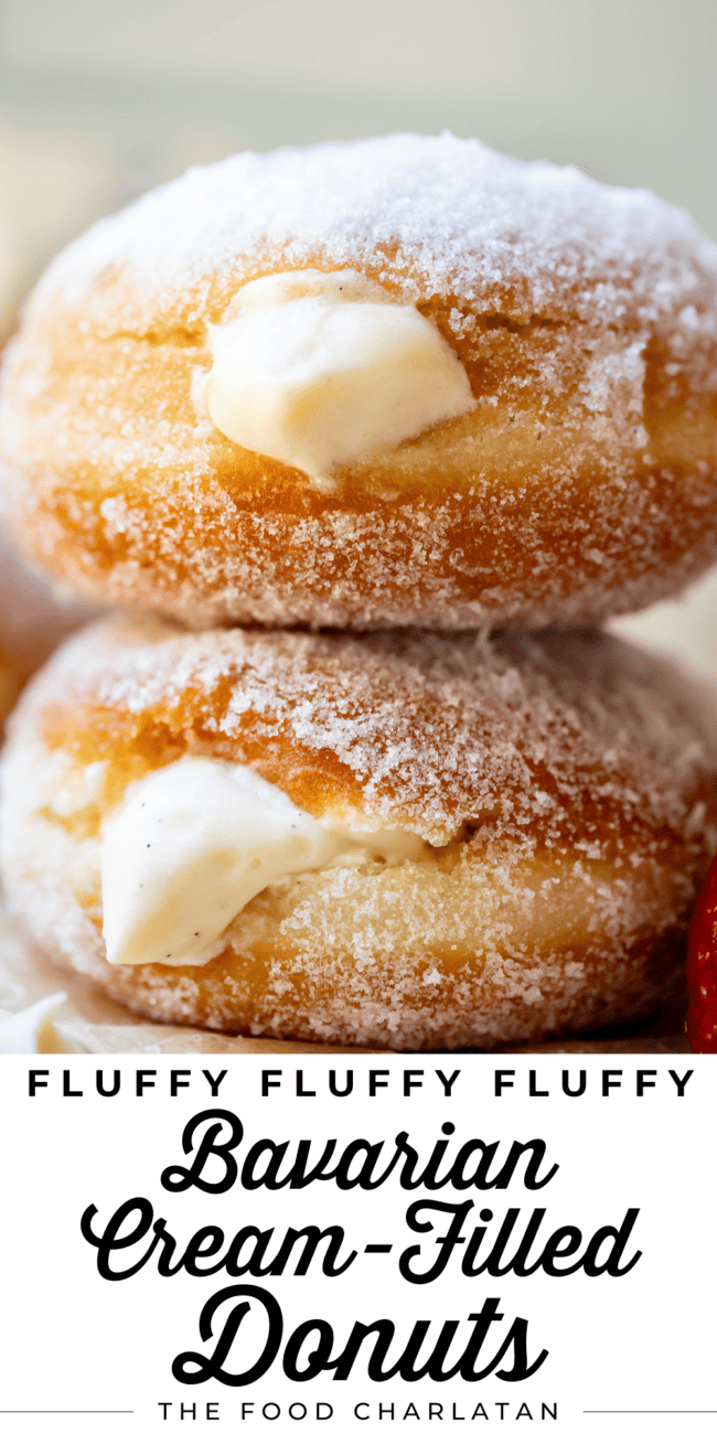 two stacked homemade donuts with text "fluffy Bavarian cream-filled donuts".