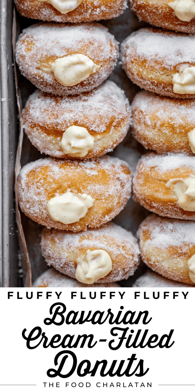 sugar rolled homemade donuts on parchment paper with text "fluffy Bavarian cream-filled donuts".