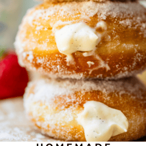 three stacked homemade Bavarian cream donuts with text "Homemade Bavarian cream filled donuts".
