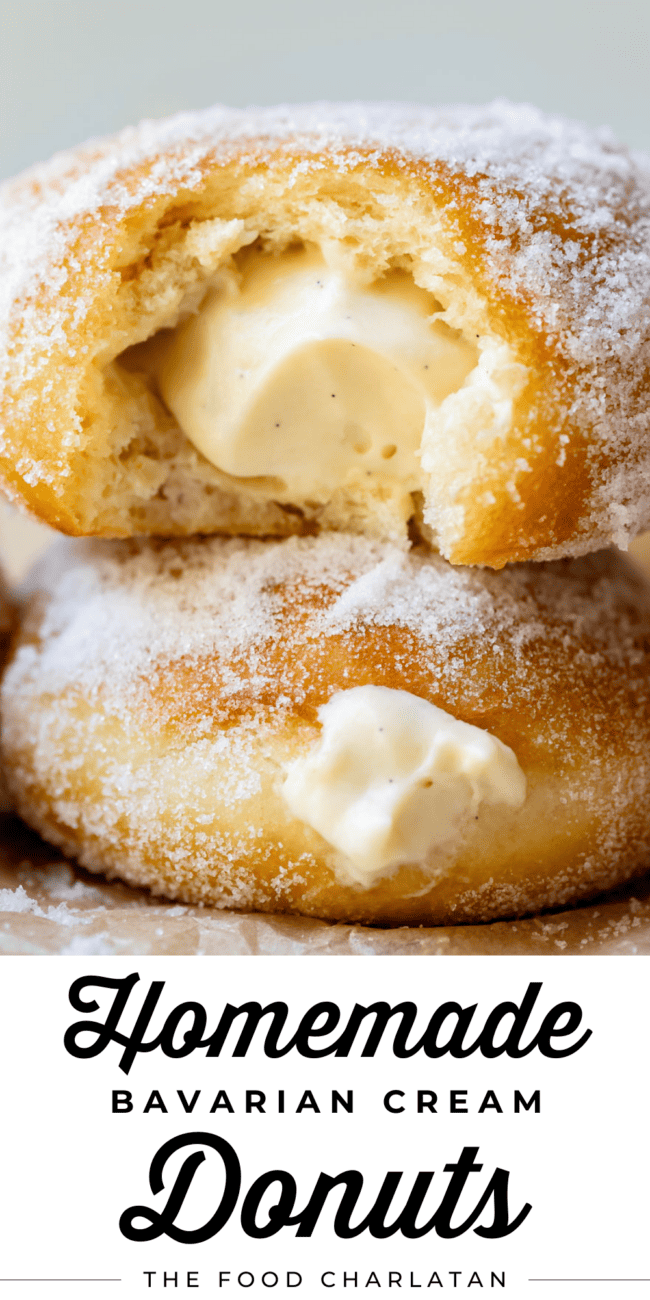 two stacked donuts with a bite taken with text "homemade Bavarian cream donuts".
