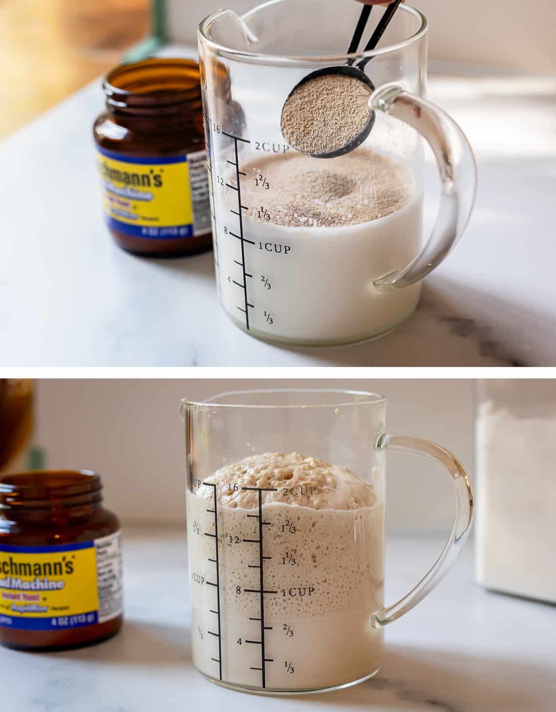 pouring yeast from a measuring spoon into a glass liquid measuring cup of milk.