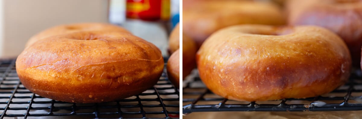 left pic cooked donut that was cut with downward slope, on right, fluffier hand cut donut.