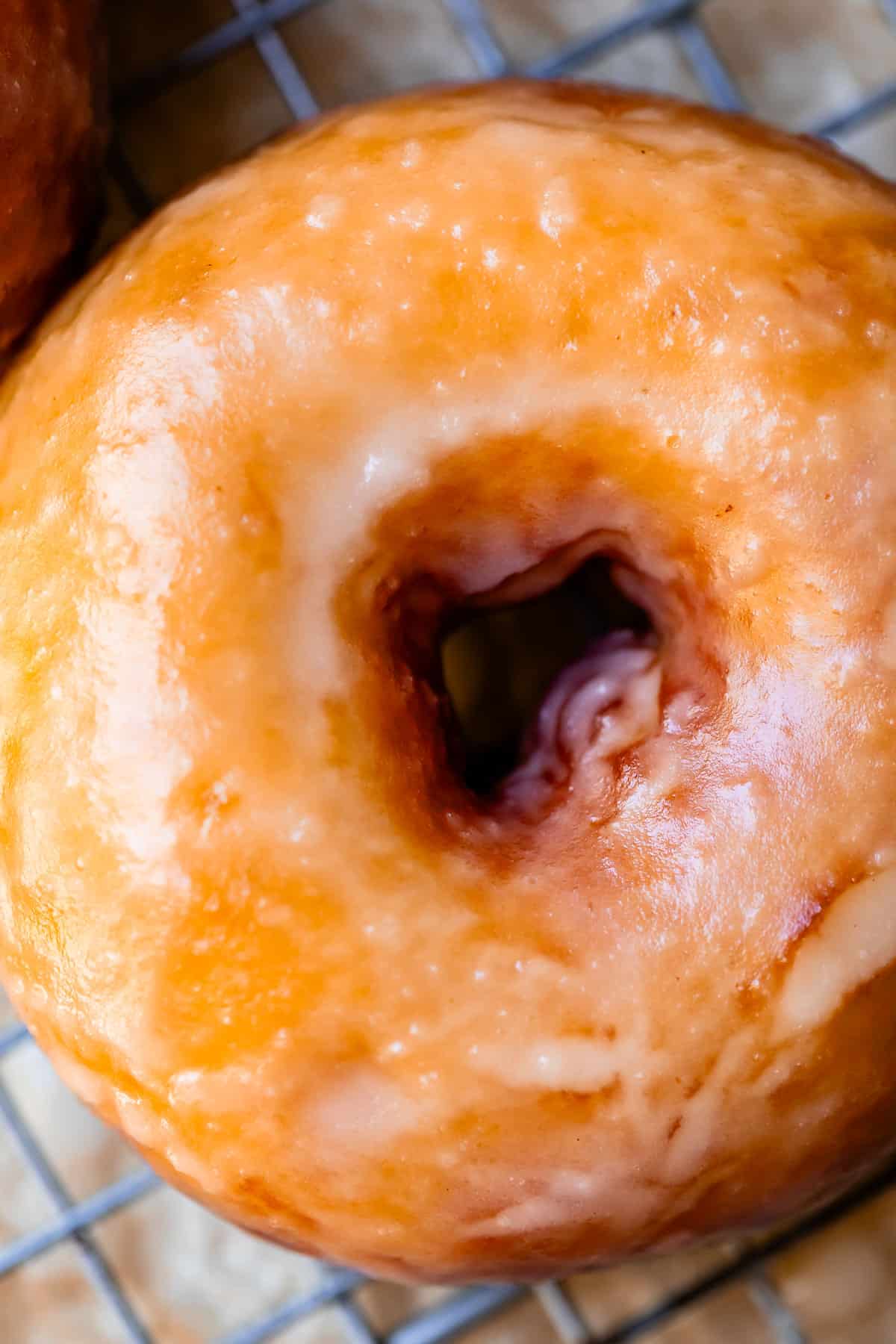 close up looking down at the finished product of the whole process of homemade donut making.