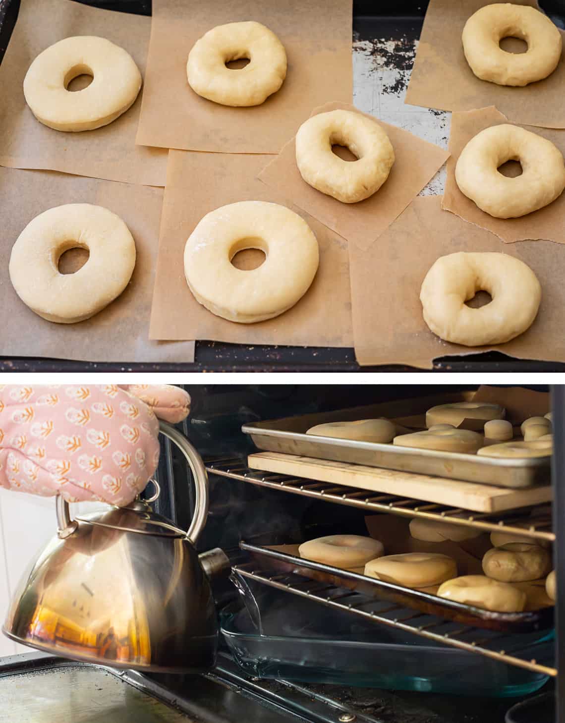 cut and hand shaped donuts on a pan and adding water the oven with shaped donuts.