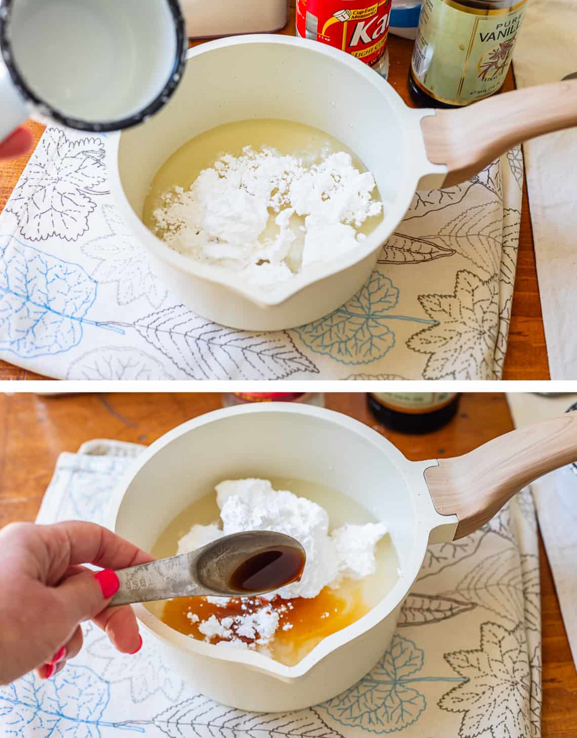 top adding powdered sugar to bowl with glaze, bottom adding vanilla to the bowl.