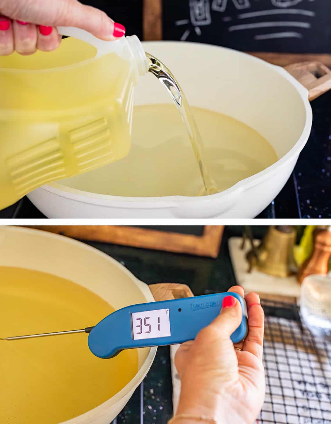 pouring oil into a large pot and using an instant read thermometer to get to 350 degrees.