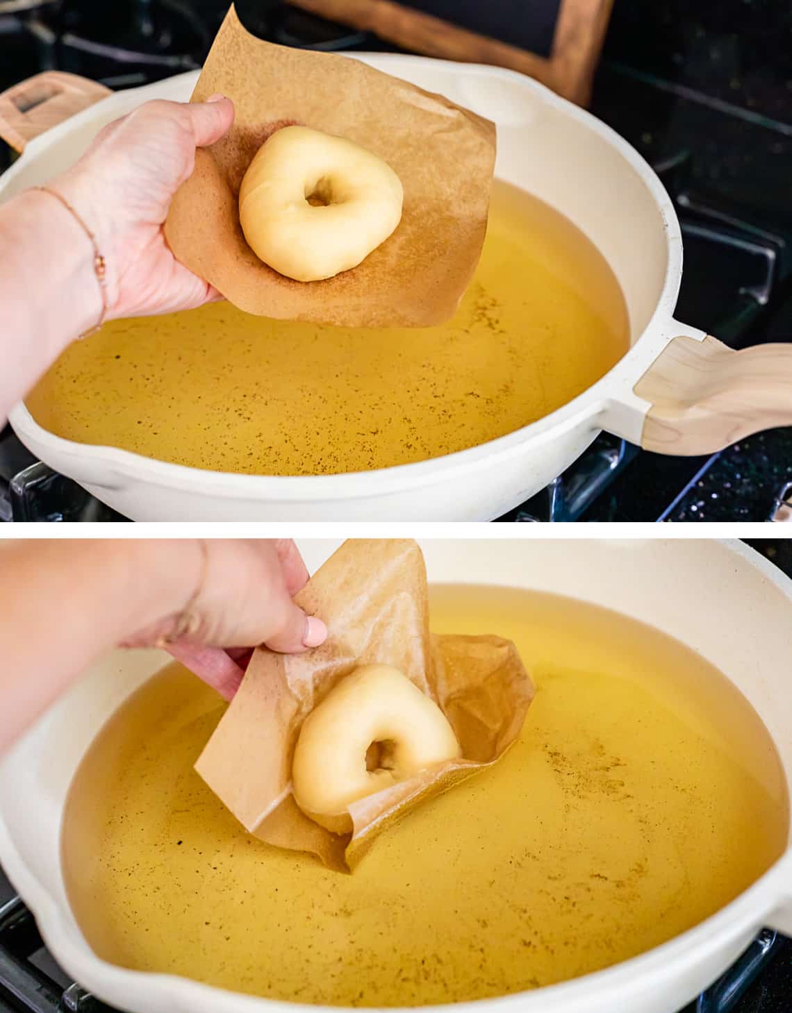 adding donuts to the oil sideways so the donut doesn't splash hot oil on you.