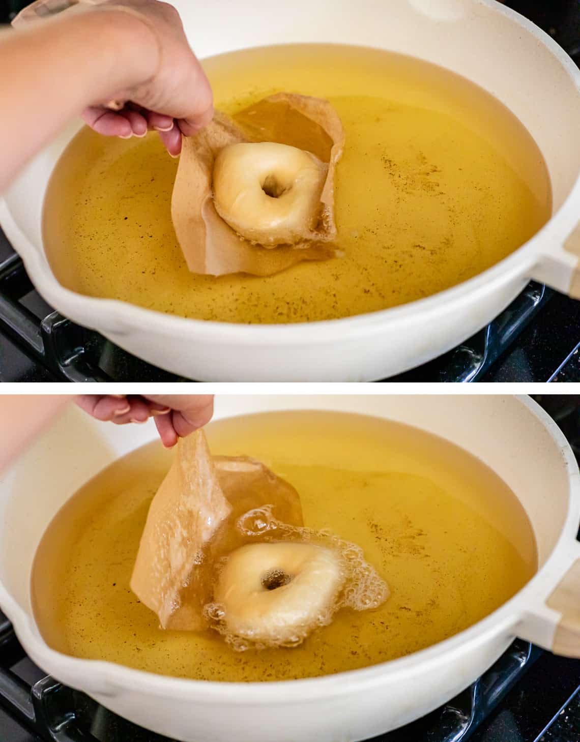 holding the paper with the donut on it submerged in oil, then carefully lifting just the paper out.