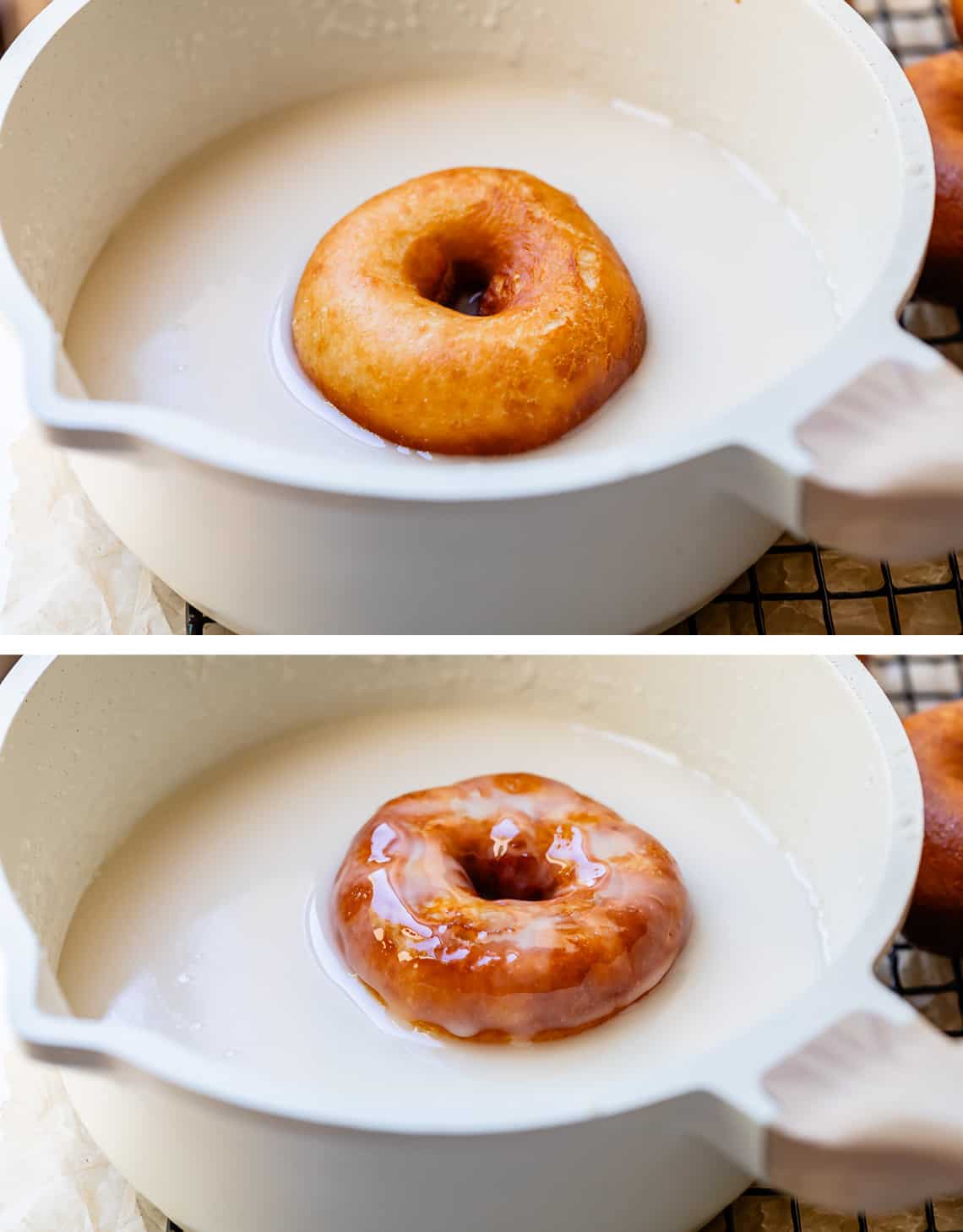 top donut sitting in bowl of glaze to coat bottom, bottom donut flipped over to coat other side.