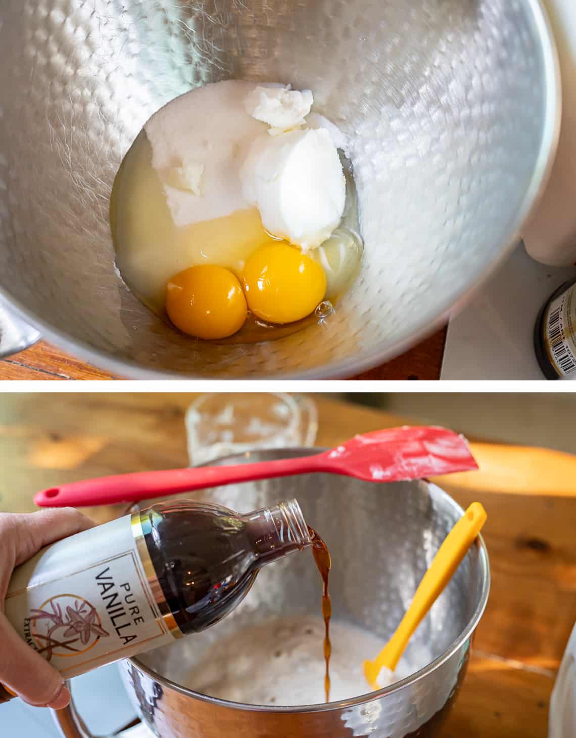 top a metal mixing bowl with eggs, shortening, and more and bottom pouring vanilla into bowl.