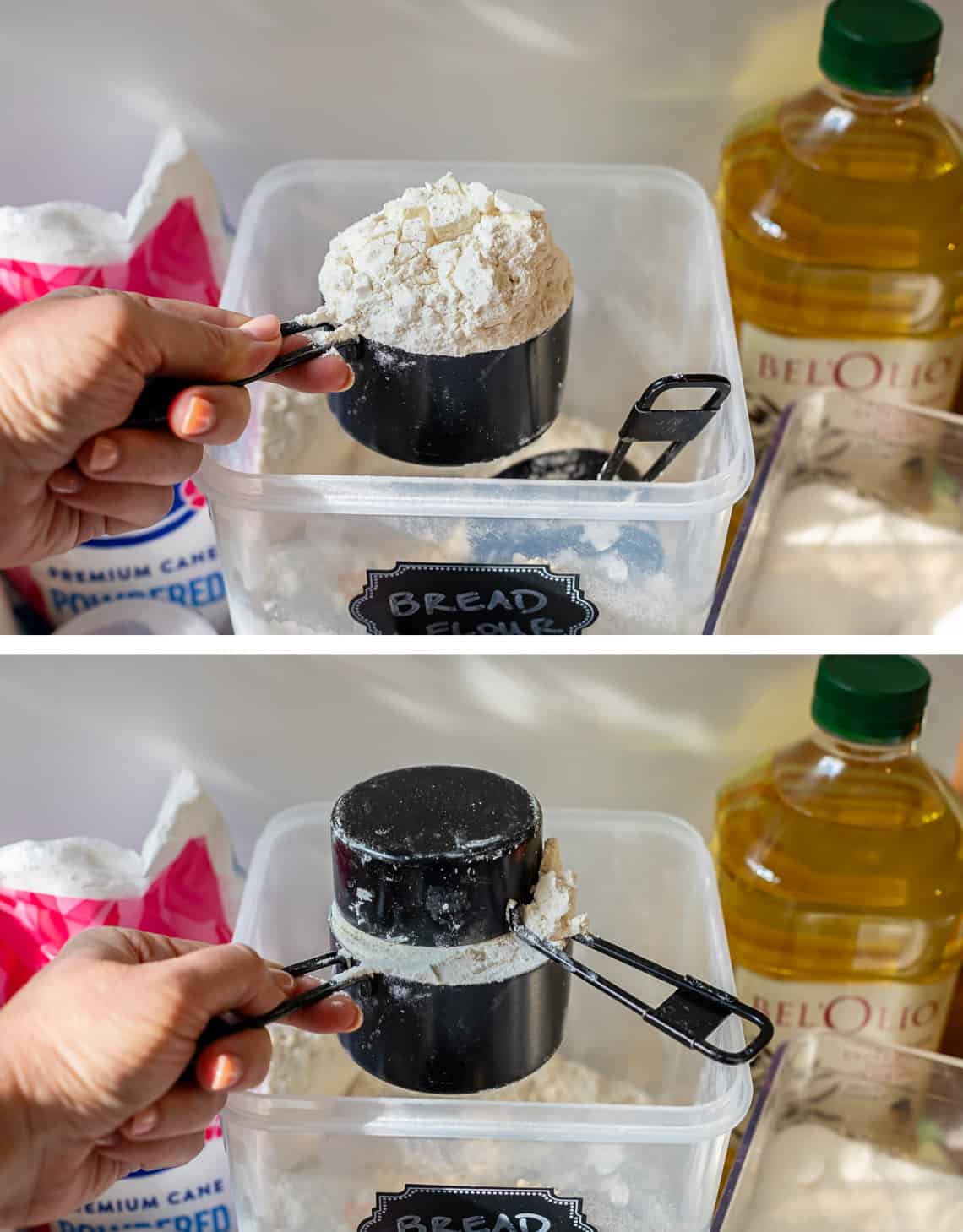 top showing how to scoop flour into a dry measuring cup and bottom how to level the flour.