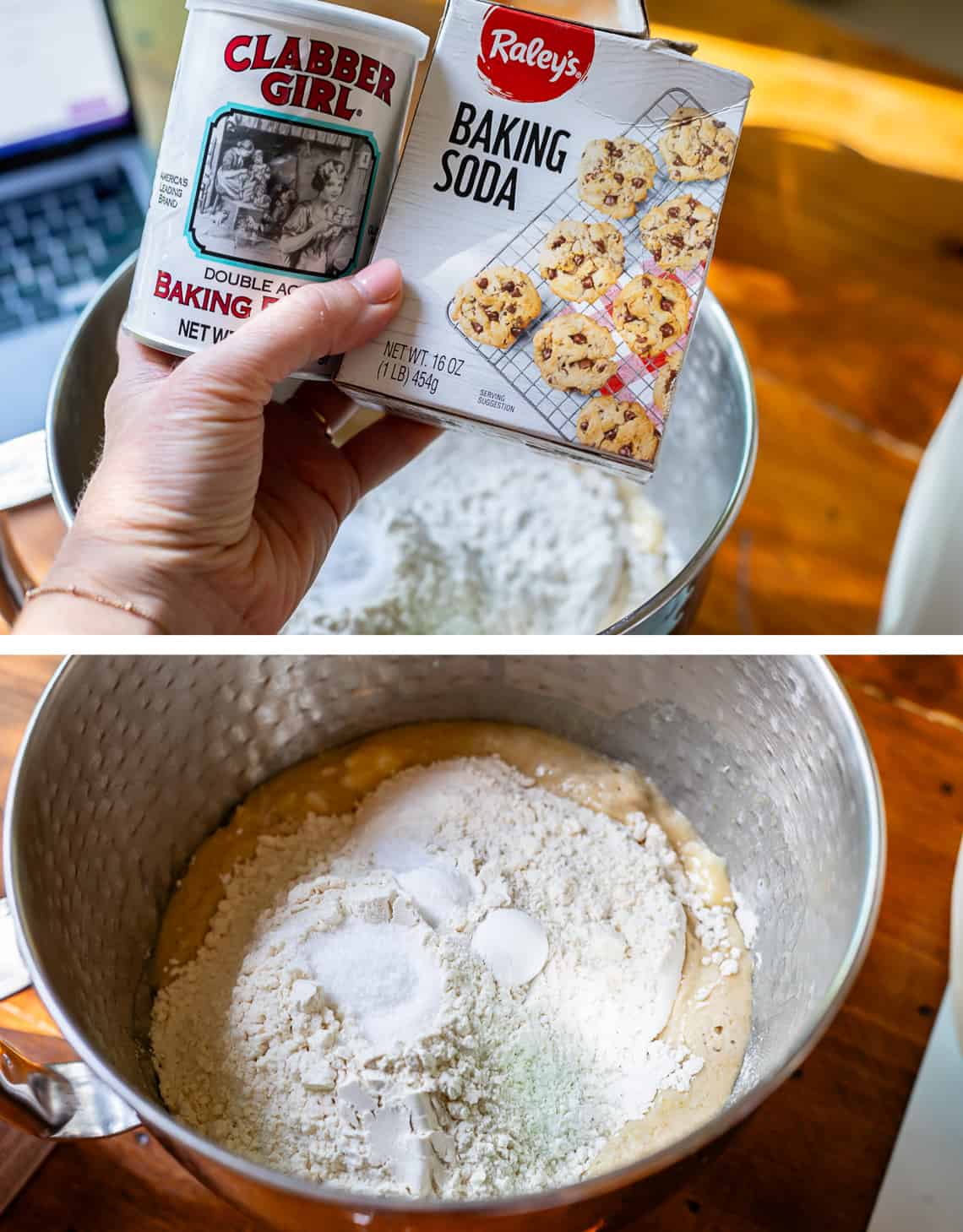 top containers of baking soda and baking powder and bottom the two poured in the bowl.