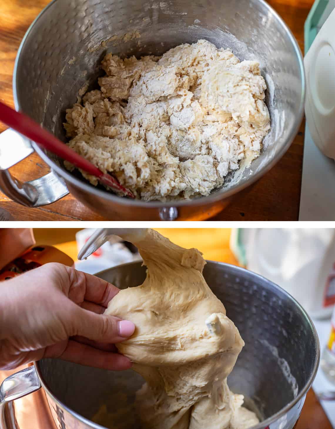 top mixing bowl with barely combined dough and bottom pulling dough ball showing elasticity.