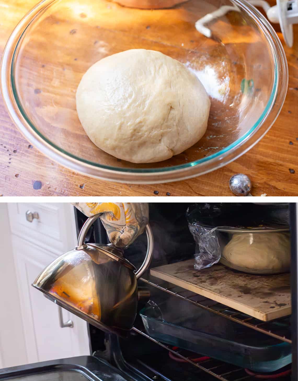 top glass bowl with dough ball resting and bottom filling a pyrex in oven with boiling water.