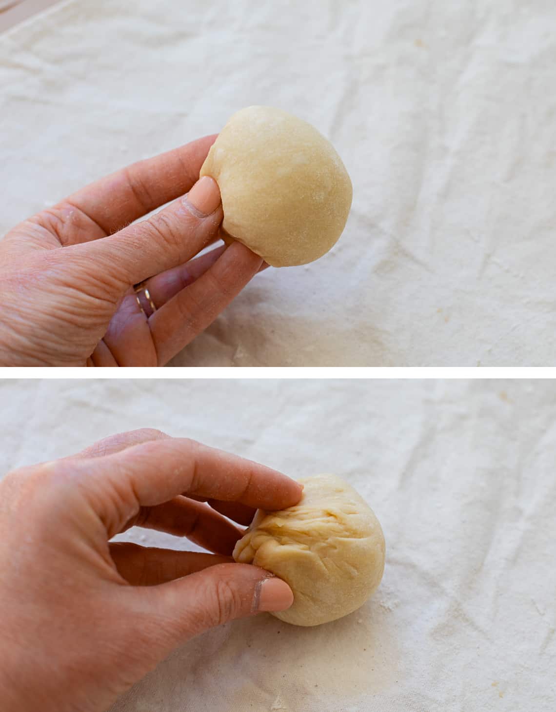 top small dough ball in fingertips and bottom showing how to pinch the bottom of the ball.