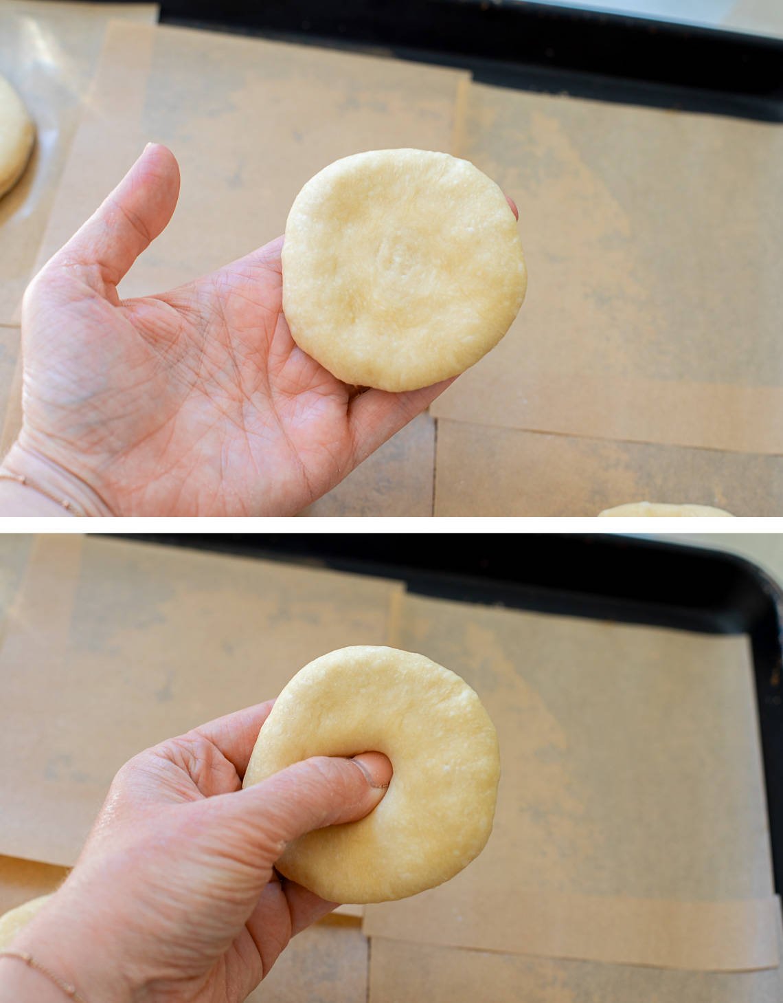 top flattened disk of dough about 3-4" wide and bottom pinching the disk to make hole.