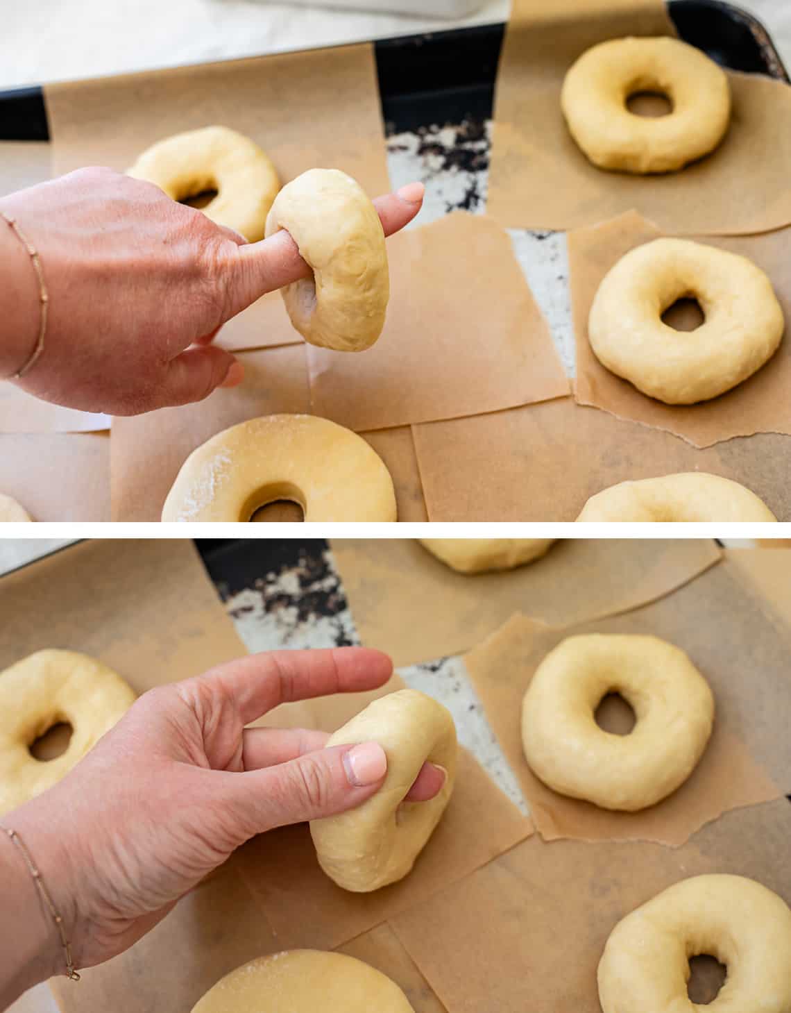 fingers swinging the donut dough around to move the dough outward and upward.
