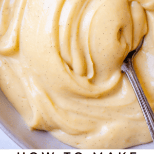 pastry cream in a bowl with a spoon.