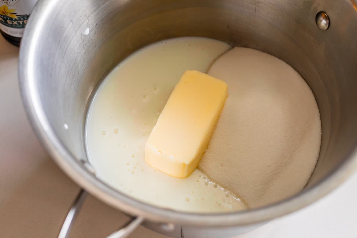 buttermilk, butter, and sugar in a metal pot.