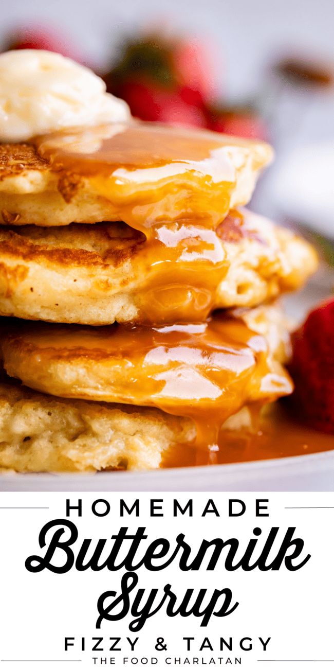 stack of pancakes with homemade buttermilk syrup being drizzled on top.