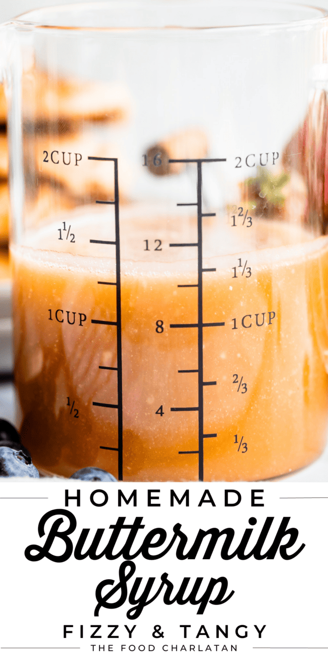 how to make buttermilk syrup, shown in a glass measuring cup.