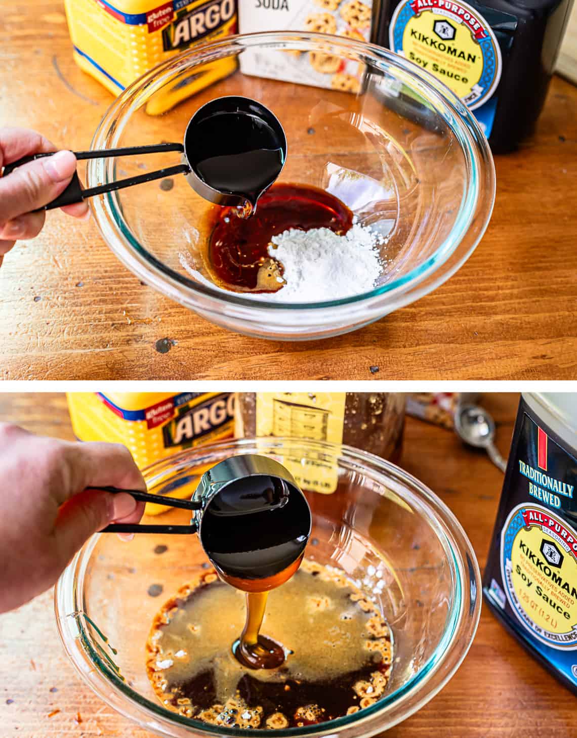 adding honey to mixing bowl with baking soda; the mixture helps the salmon get crispy.