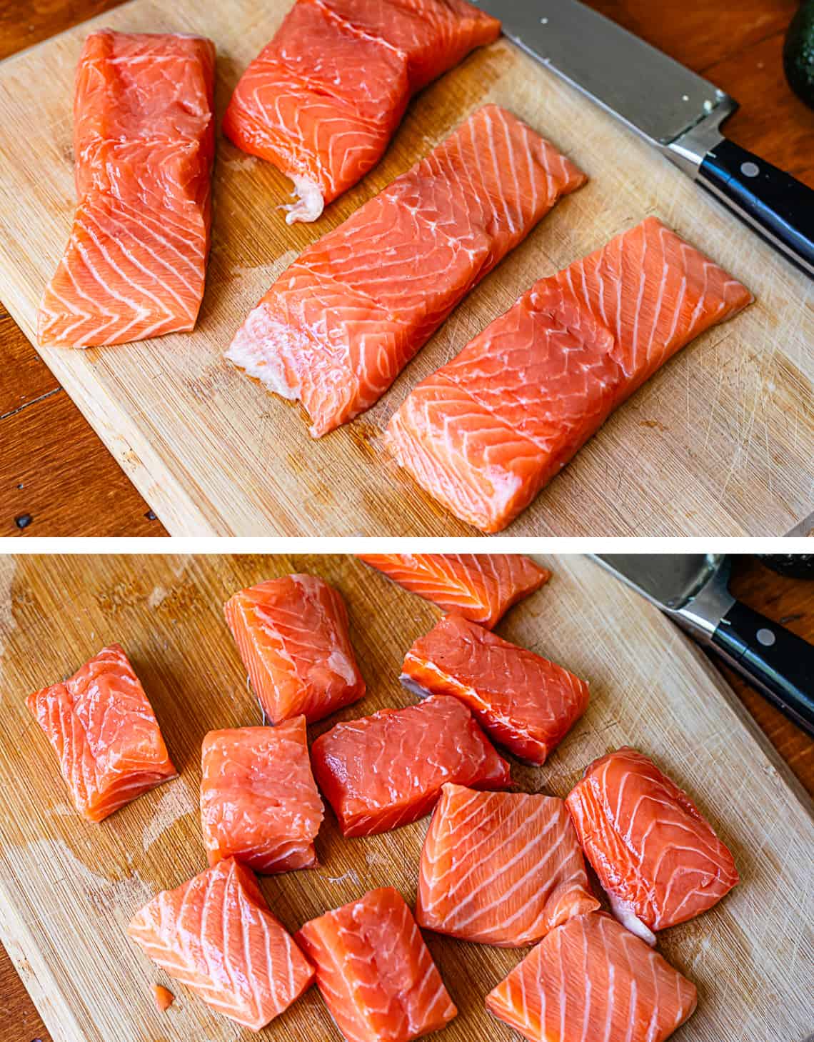 top whole salmon fillets bottom salmon cut into bite size pieces.