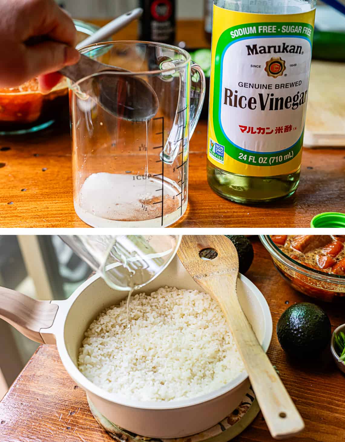top sugar and rice vinegar in a measuring cup, bottom pouring the mixture into cooked rice.