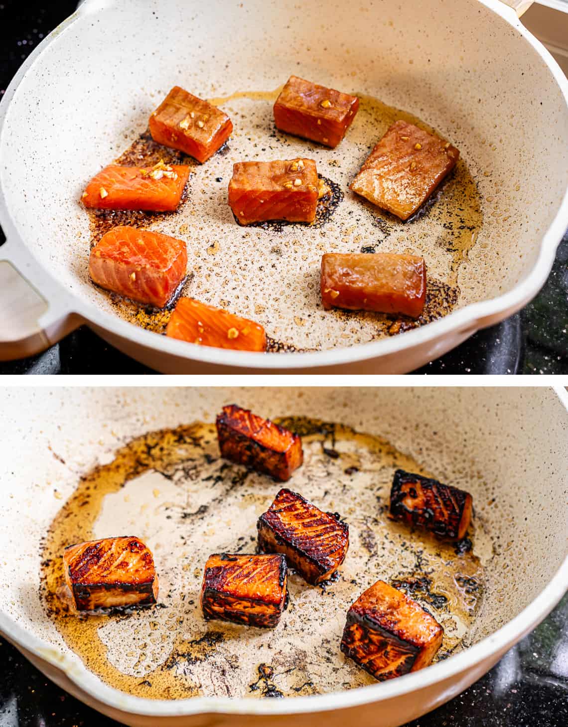 top salmon searing in cast iron pot, bottom same pieces flipped and crispy on the the cooked side.