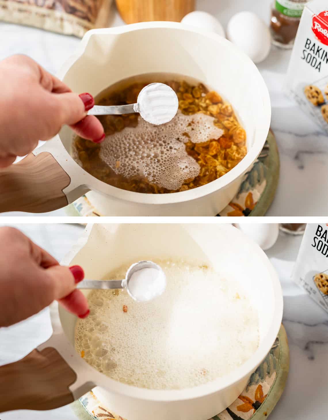 top baking soda in a measuring spoon bottom fizz in raisin bowl from added baking soda.