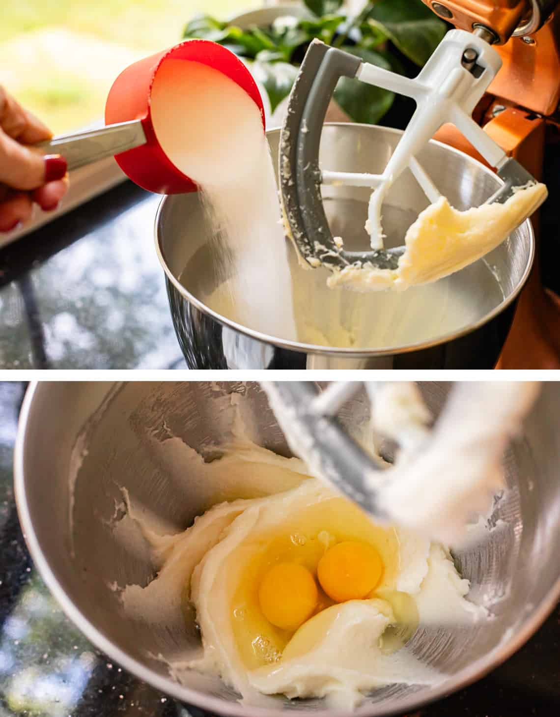 top pouring sugar into the mixing bowl bottom two cracked eggs in the mixing bowl.